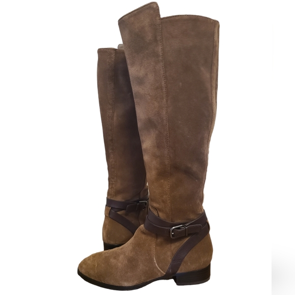 Via Spiga Shoes - Via Spiga Prish suede riding boot, stacked heel, leather strap with buckle